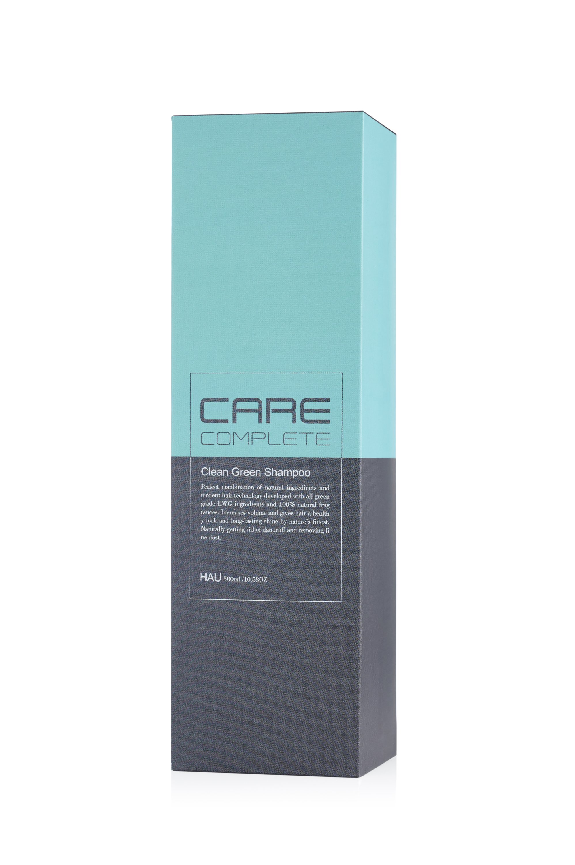 Care Complete Clean Green Shampoo bottle with natural ingredients, promoting healthy hair and scalp care.