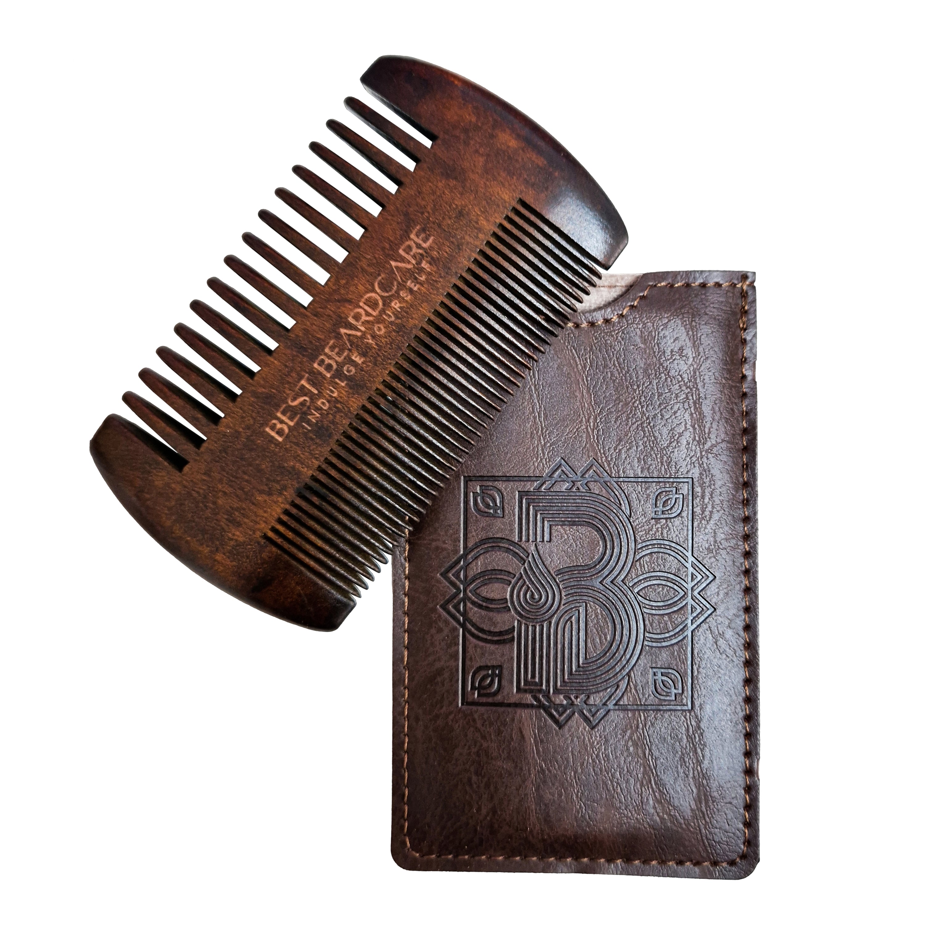 Cherry wood beard comb with double-sided teeth and a stylish leather case for protection.