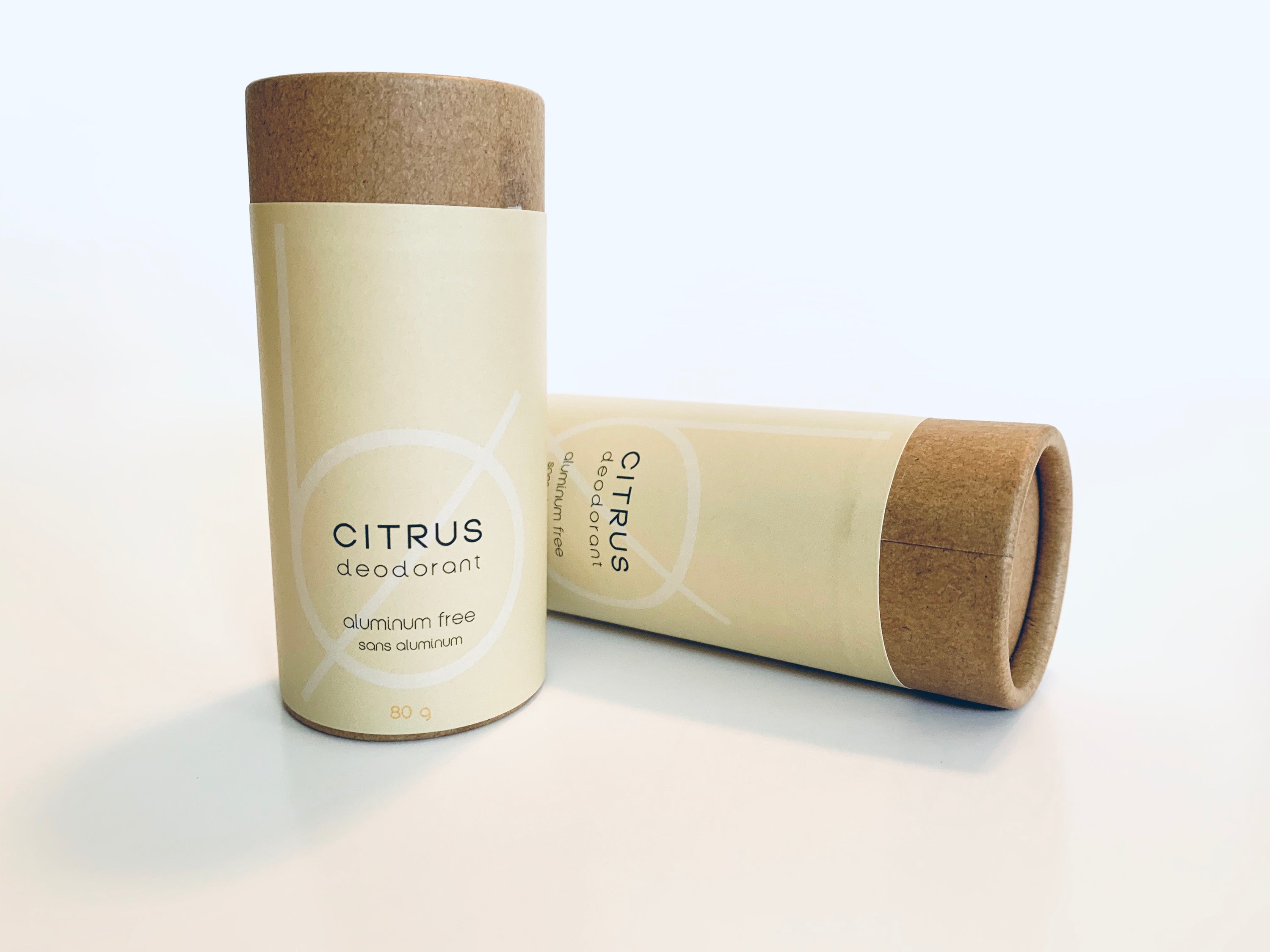 CITRUS Deodorant in a sleek container with a fresh citrus scent, showcasing its natural ingredients and aluminum-free formula.