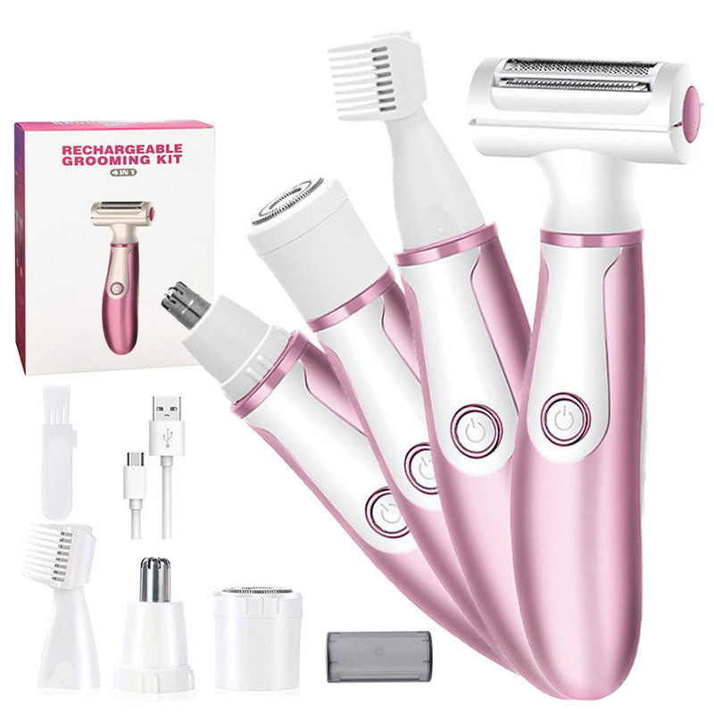 Cordless 4 in 1 Electric Lady Shaver for Women with multiple connectors for painless hair removal.