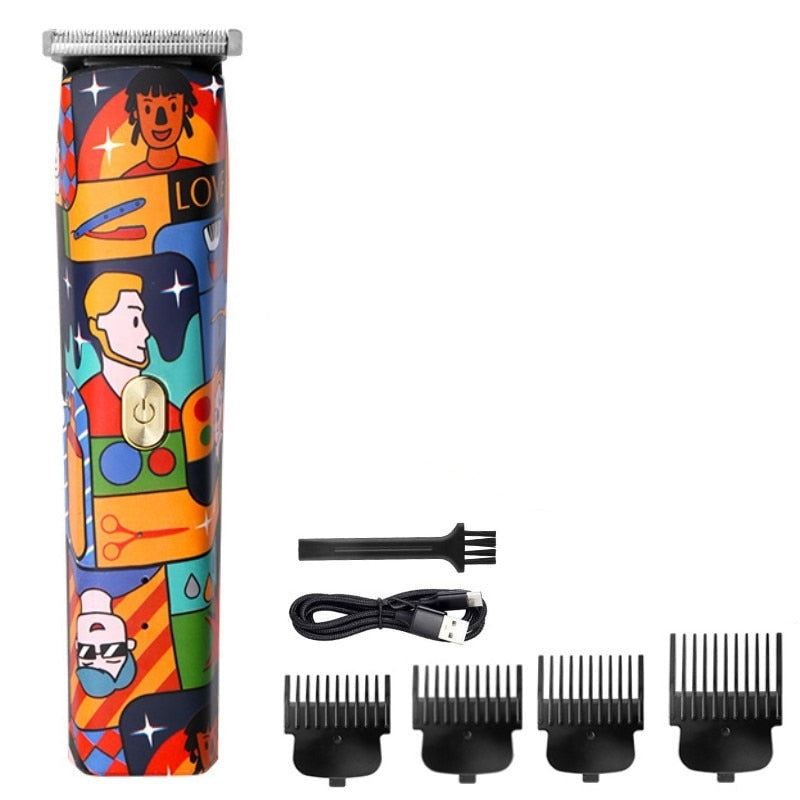 Cordless Fashion Graffiti Trimmer for men with stainless steel blades and limit combs, designed for precision grooming.