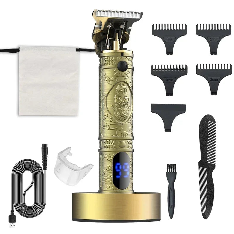 Cordless hair clippers with a charging dock, featuring a stainless steel blade and LCD display, ideal for barbers and home use.