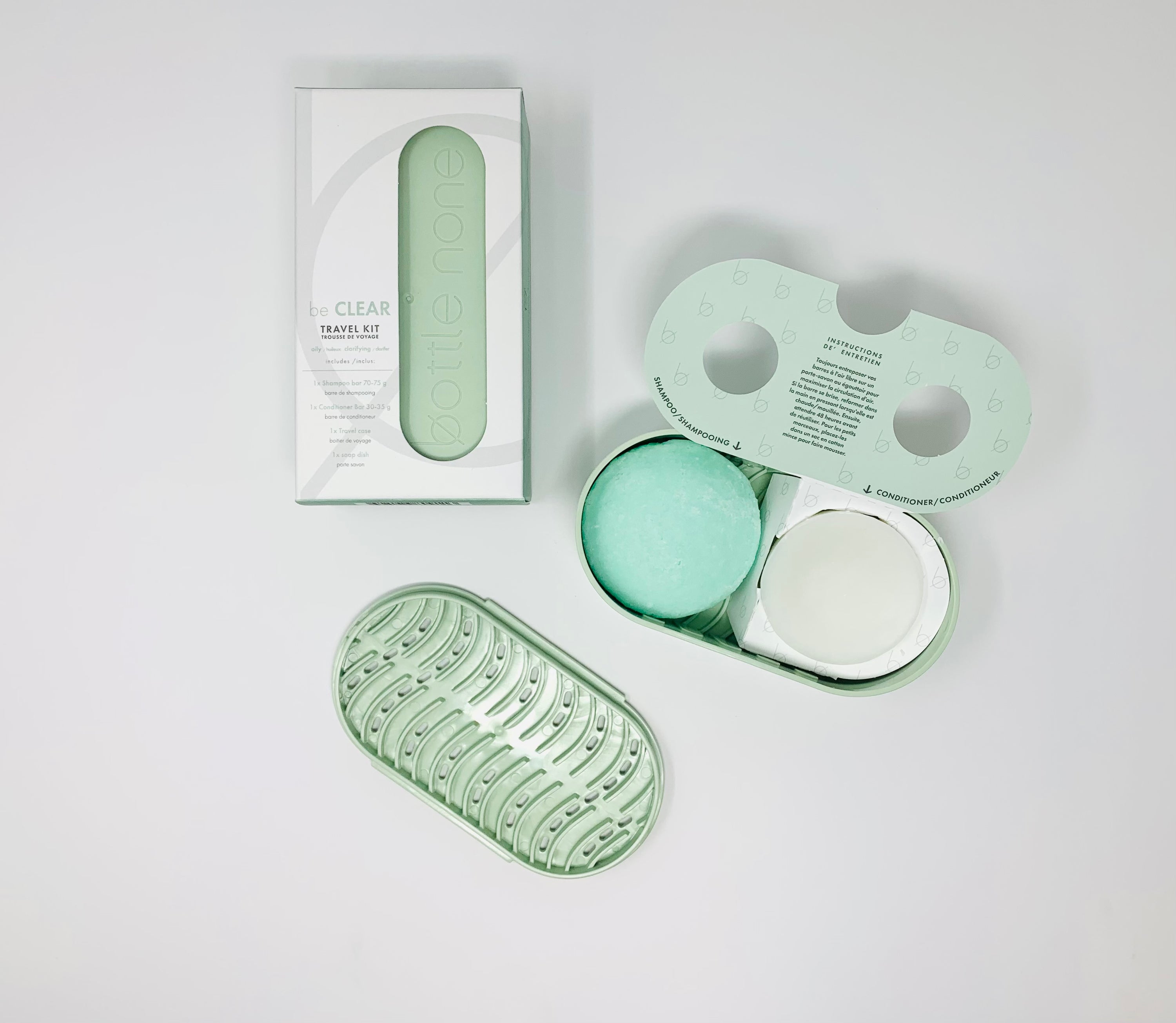 DEEP CLEAN be CLEAR Travel/Soap Dish Set featuring shampoo and conditioner bars with a recycled travel case.