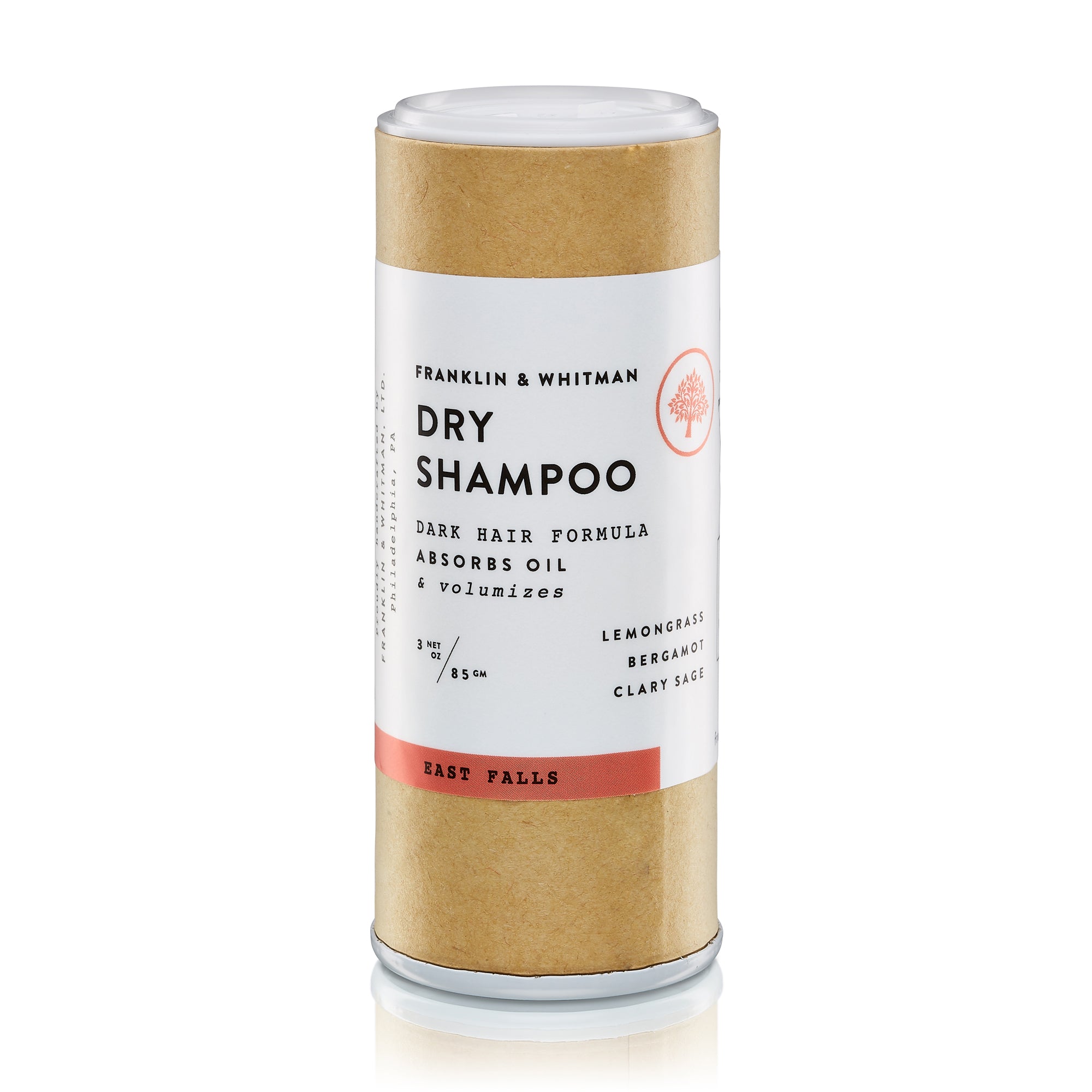 East Falls Dry Shampoo in a 2oz Kraft Tube, showcasing its natural powder formula and eco-friendly packaging.