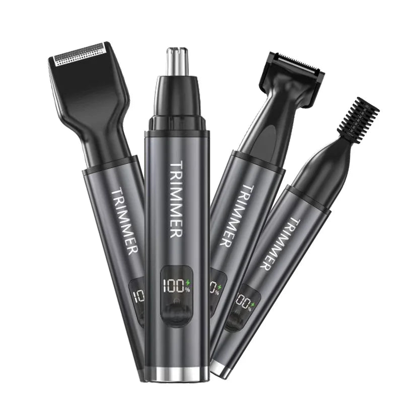Electric Beard Trimmer with four heads, rechargeable design, and cleaning brush for men's grooming.