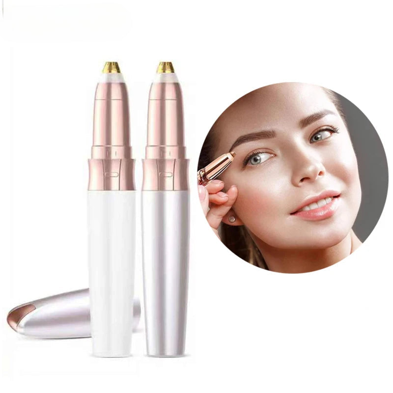 Electric Eyebrow Trimmer in white and golden colors, featuring a USB charging port and built-in LED light for precise hair removal.
