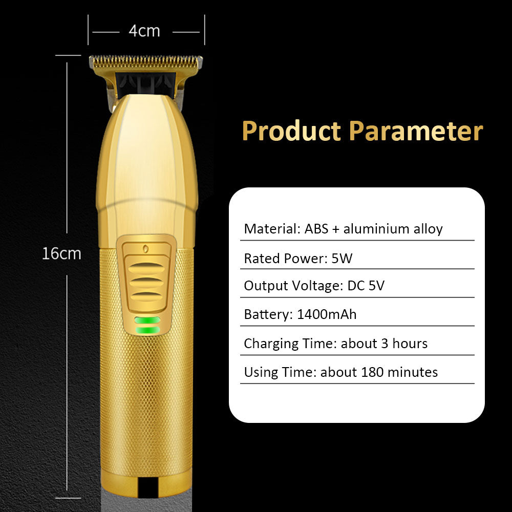 Electric hair trimmer with T-shaped blade, USB charger, and limit combs for precise grooming.