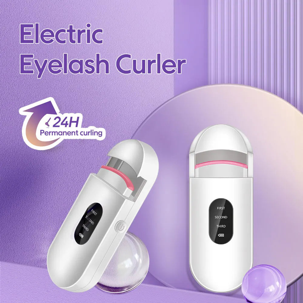 Electric Heated Eyelash Curlers in a sleek design, showcasing its ergonomic grip and compact size, perfect for travel.