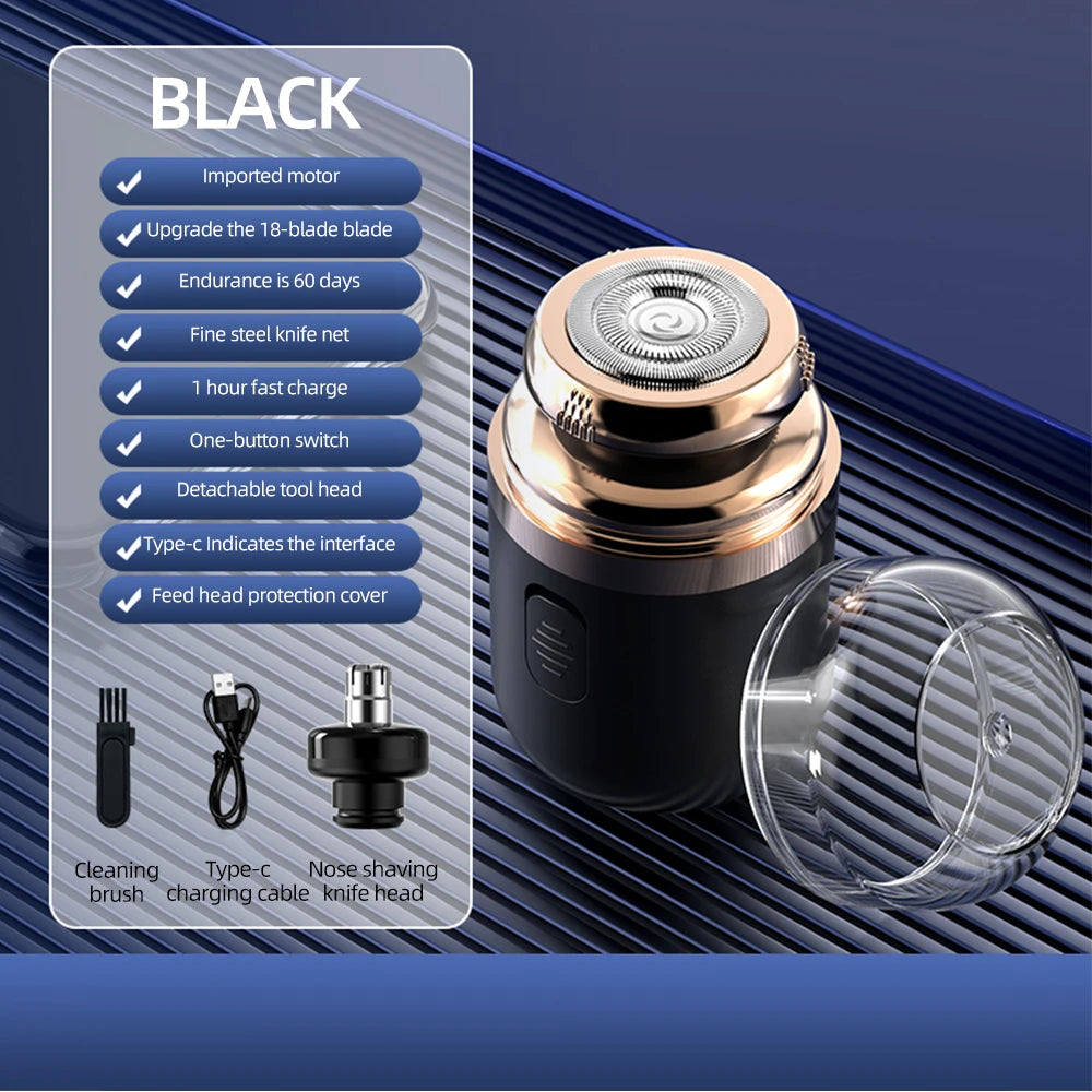 Compact Electric Mini Travel Shaver for Men, showcasing its sleek design and portable size, ideal for travel and grooming.