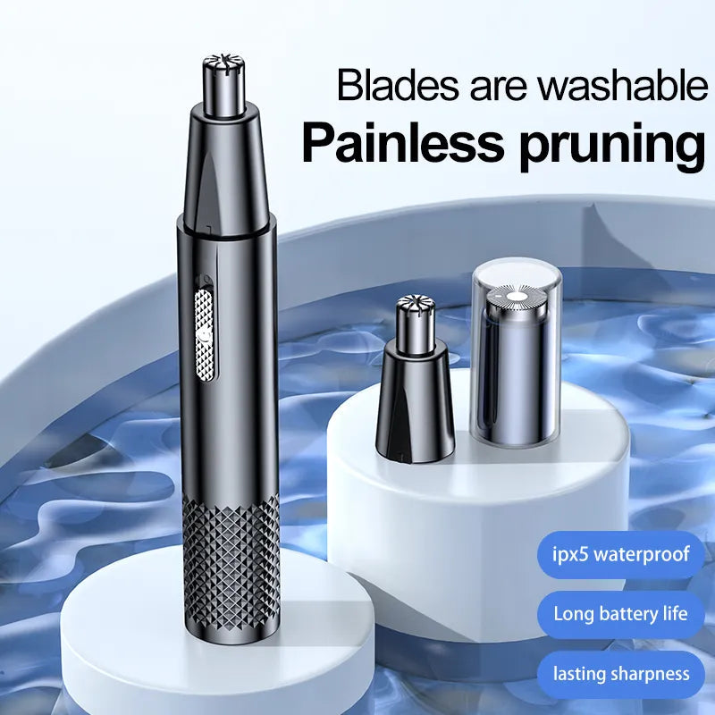 Electric Nose Hair Trimmer in blue color, showcasing its compact design and stainless steel blade, ideal for grooming nose and ear hair.