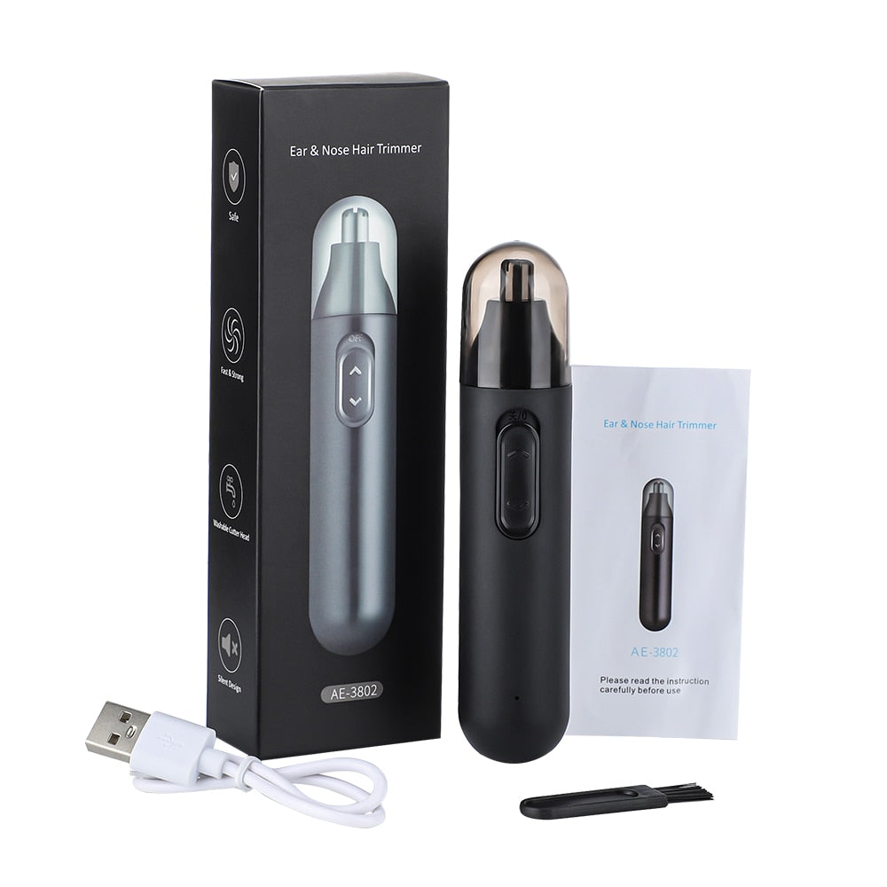 Electric Nose Hair Trimmer in black, featuring a sleek design and dual-blade system for efficient grooming.
