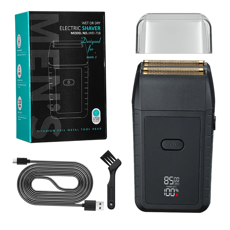 Electric Razor Electric Shaver with USB charging cable and accessories, designed for a smooth shave.