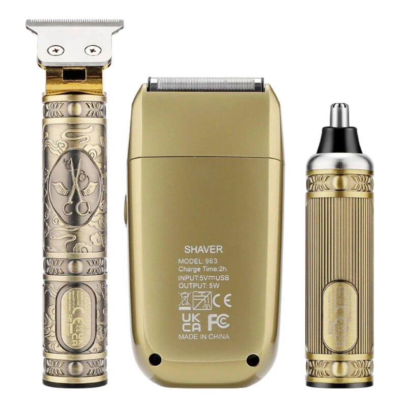 Electric razors set including hair clippers, shaver, and nose hair trimmer with accessories.