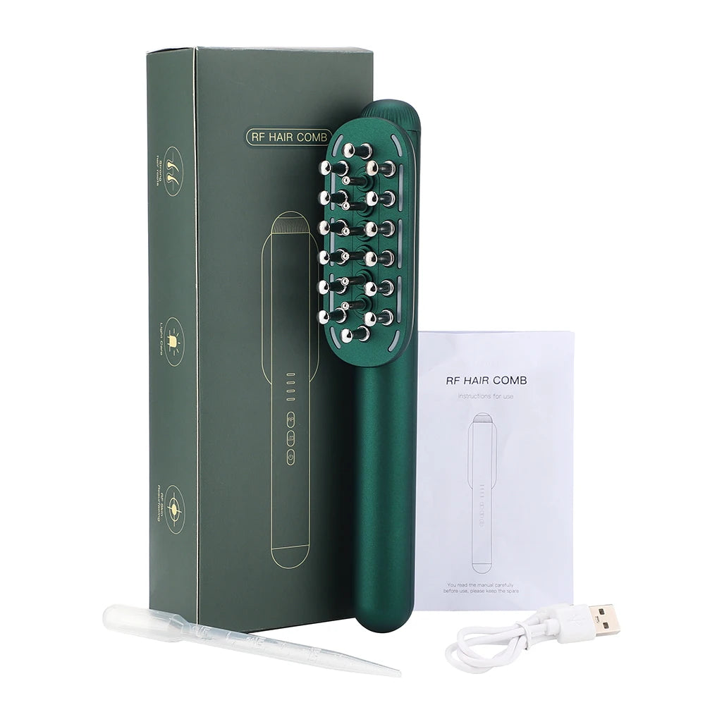 Electric RF Hair Care Comb in dark green color, featuring microcurrent technology and LED light for scalp care.