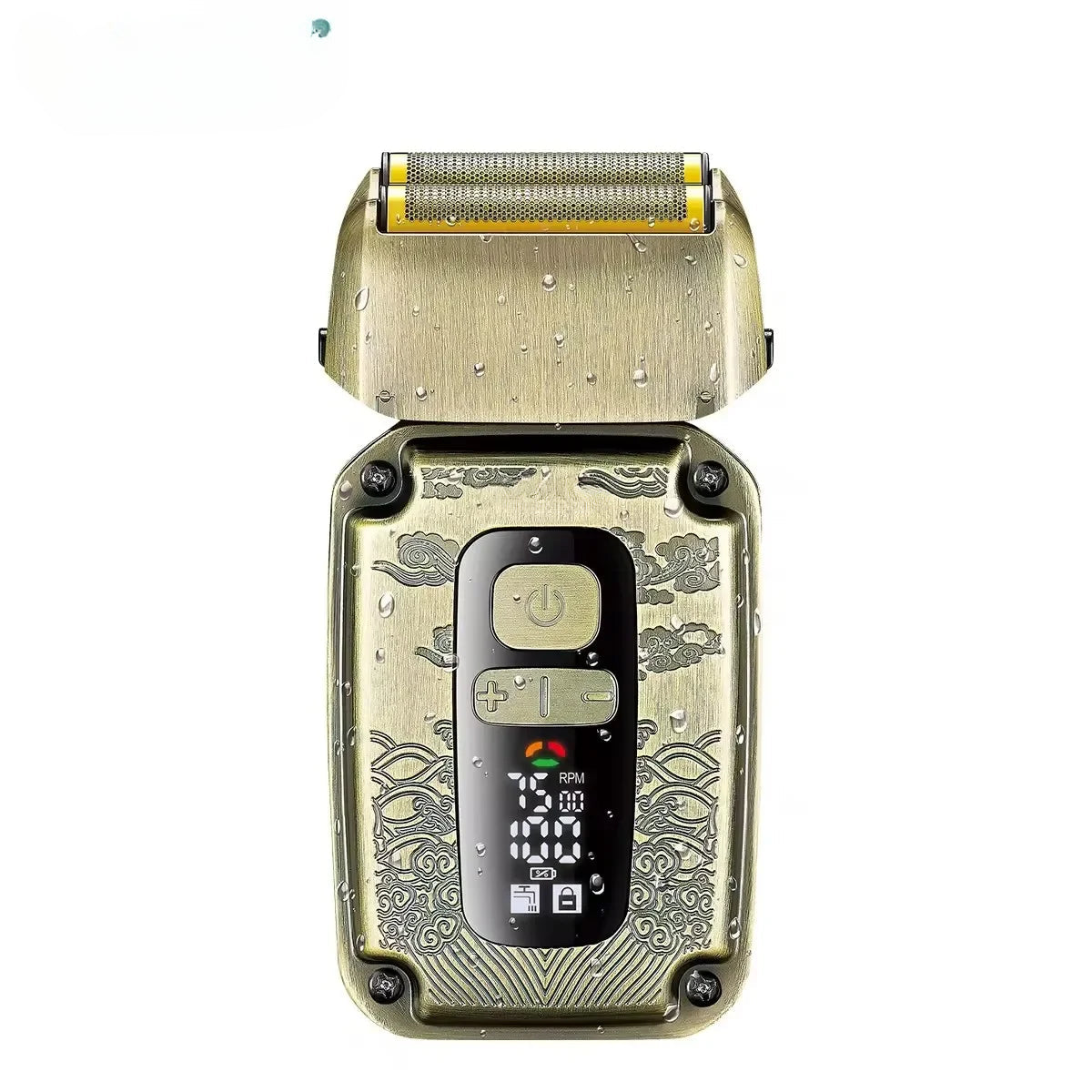 Electric shaver with adjustable speed settings and LED display, designed for professional grooming.