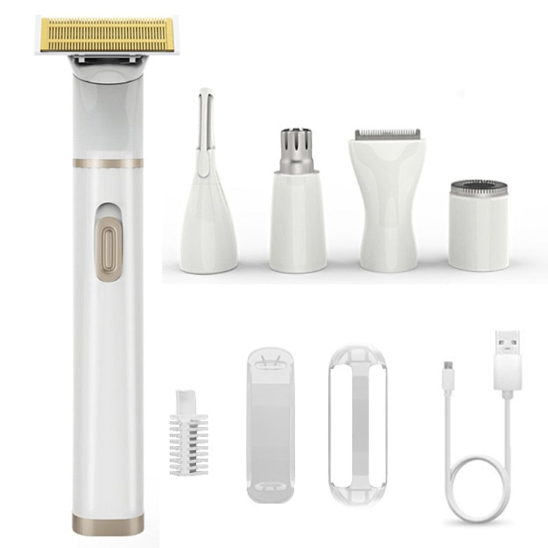 Electric shaver for women featuring multiple attachments including bikini trimmer, eyebrow razor, and facial shaver, designed for versatile grooming.