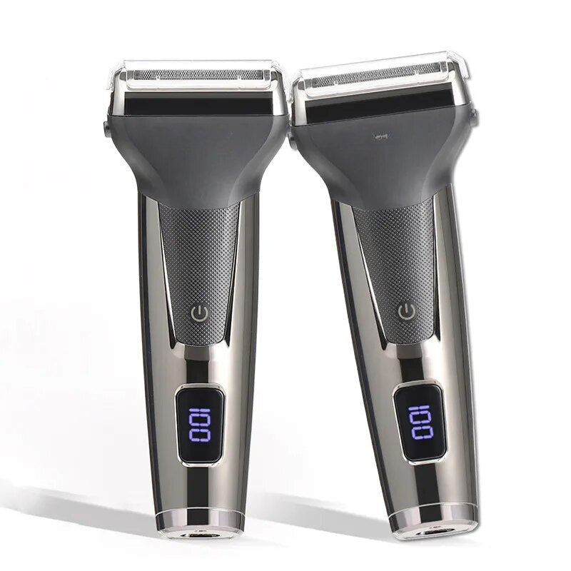 Electric shaver for men with smart digital display and USB charging, showcasing its sleek design and included accessories.