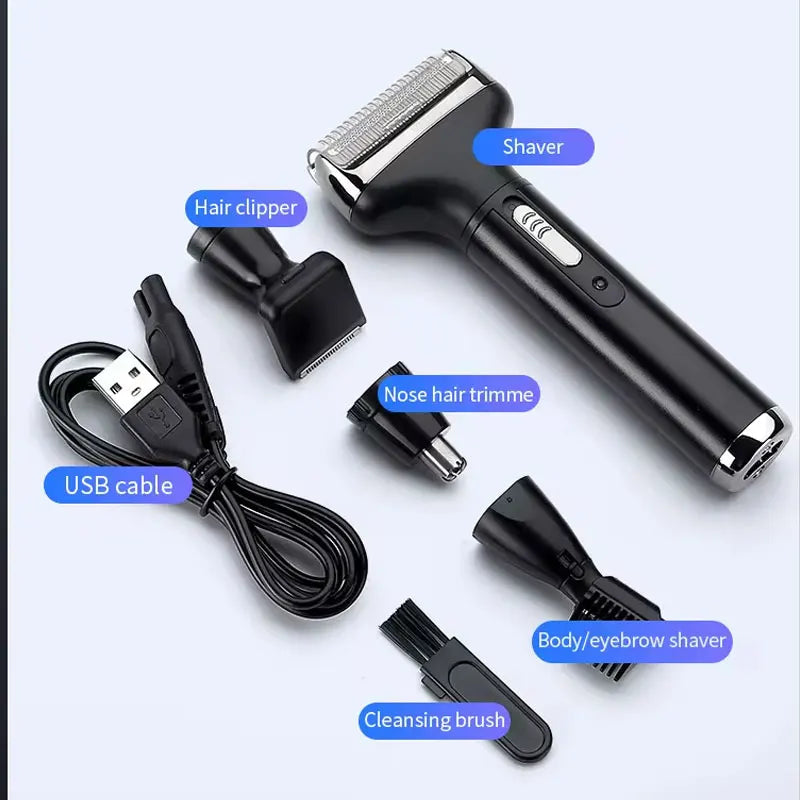 Electric shaver razor cordless beard trimmer for men, featuring a sleek design and multiple grooming attachments.