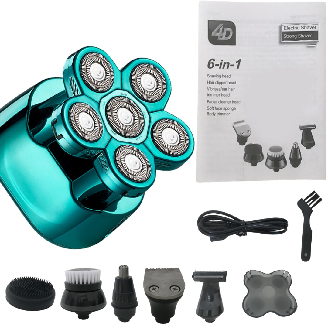 Electric Shaver Razor for Men with multiple attachments including trimmer heads and cleaning brush, showcasing its sleek design and LED display.