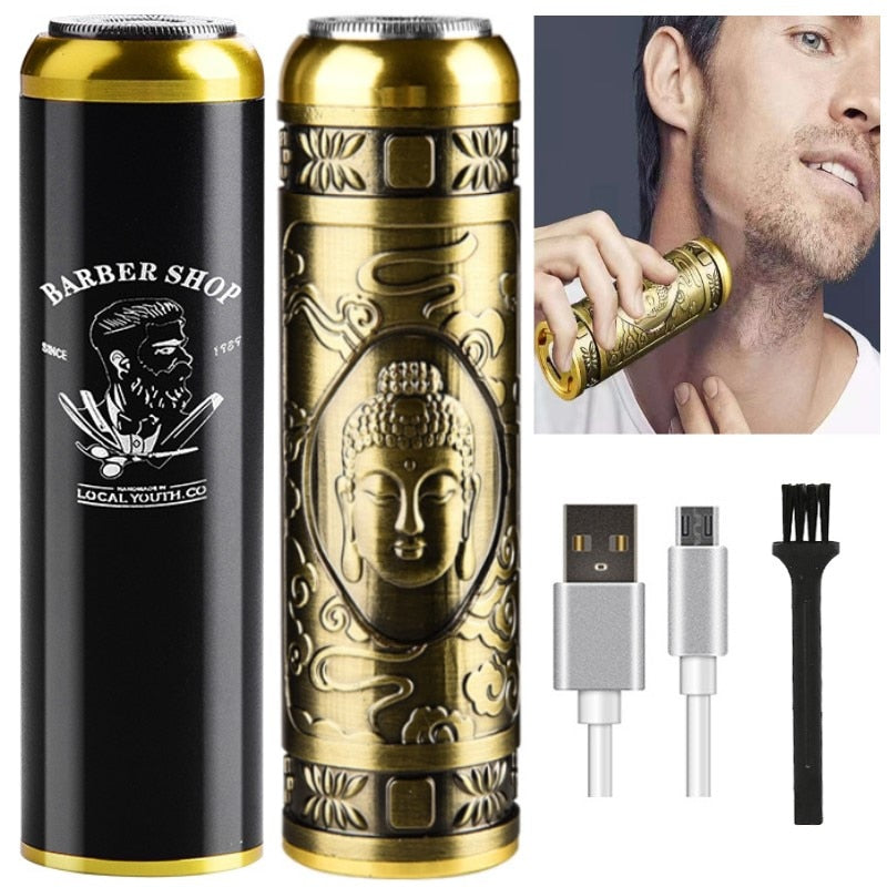 Electric shaver razor for men, featuring a sleek black and gold design, ideal for dry and wet shaving.
