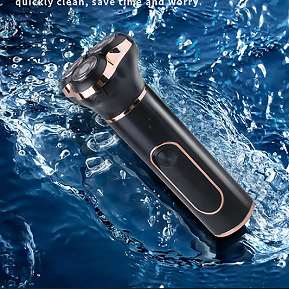 Electric shaver with a sleek design, USB charging cable, and accessories, showcasing its waterproof feature and ergonomic grip.
