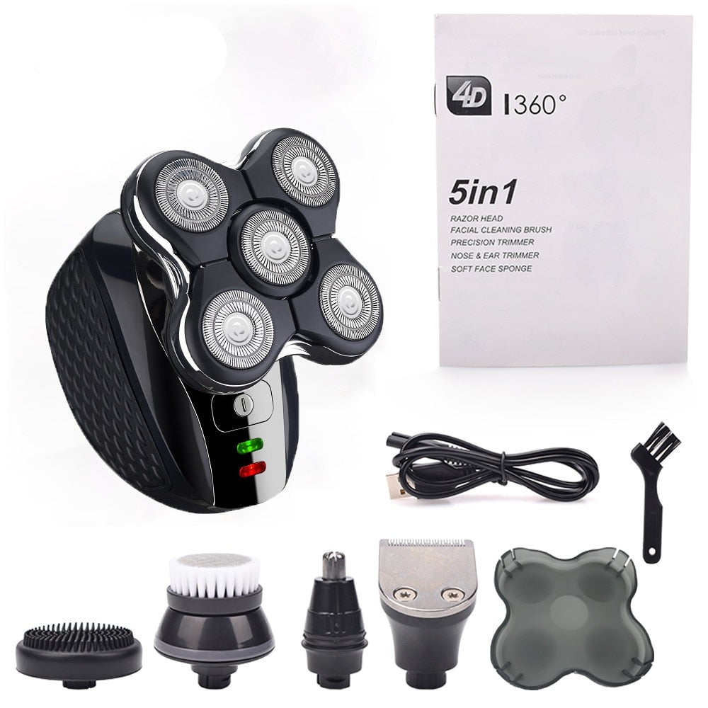 Electric shaver with ergonomic design, USB rechargeable, and multiple grooming attachments for men and women.