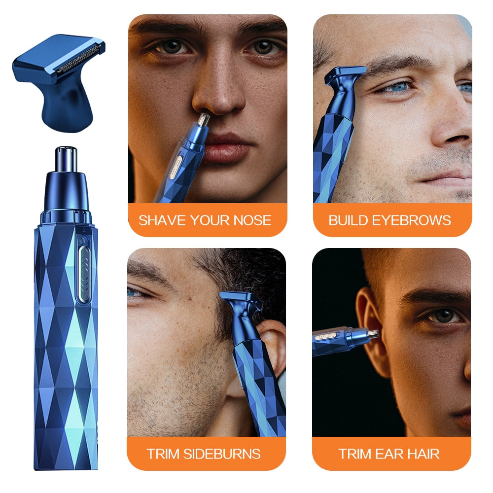 Electric Shaving Nose Ear Trimmer in blue color, showcasing its compact design and stainless steel blades, ideal for safe grooming.