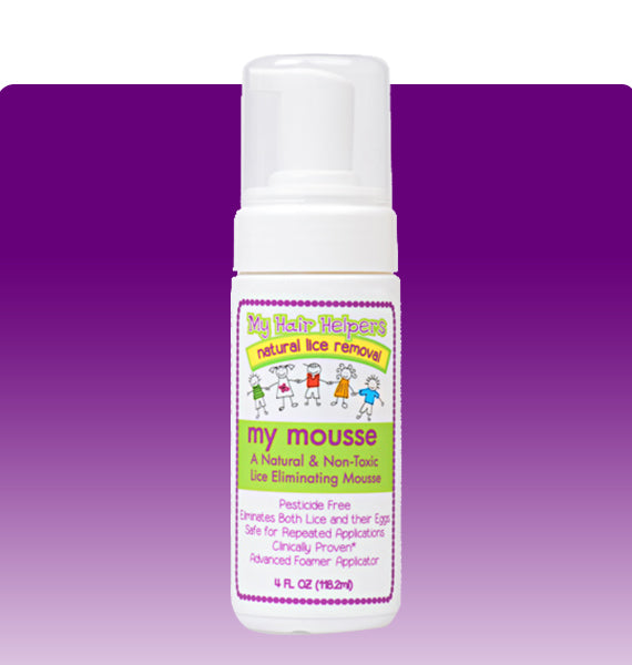 Foam Mousse for natural lice removal, mint scented, in a 4 fluid ounce bottle, designed for kids.