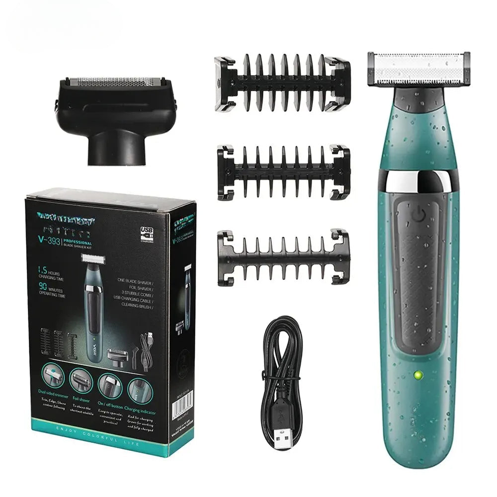 Rechargeable waterproof shaver with dual-sided blades and adjustable cutting length, designed for a clean and precise shave.
