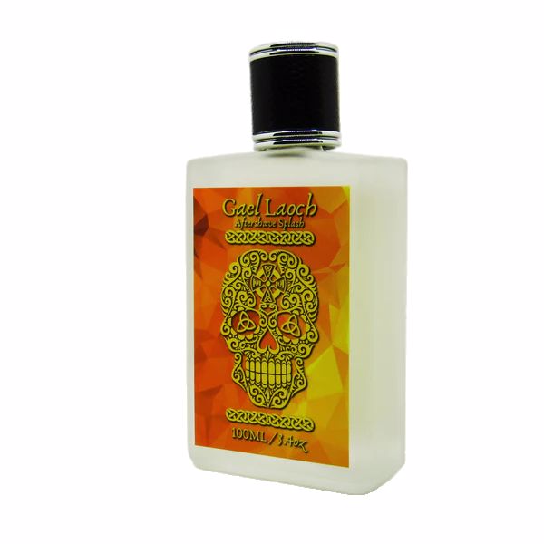 Gael Laoch Orange Aftershave Splash by Murphy and McNeil, featuring vibrant orange packaging and artistic design by Xicano Designs.
