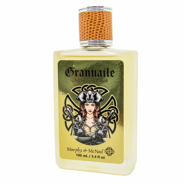 Granuaile Aftershave Splash by Murphy and McNeil, featuring a bold design inspired by the Irish pirate queen, with a bottle showcasing its unique scent profile.