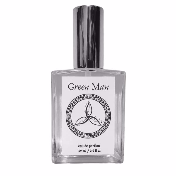 Green Man Fougere Eau de Parfum bottle by Murphy and McNeil, featuring a nature-inspired design with leaves and earthy tones.