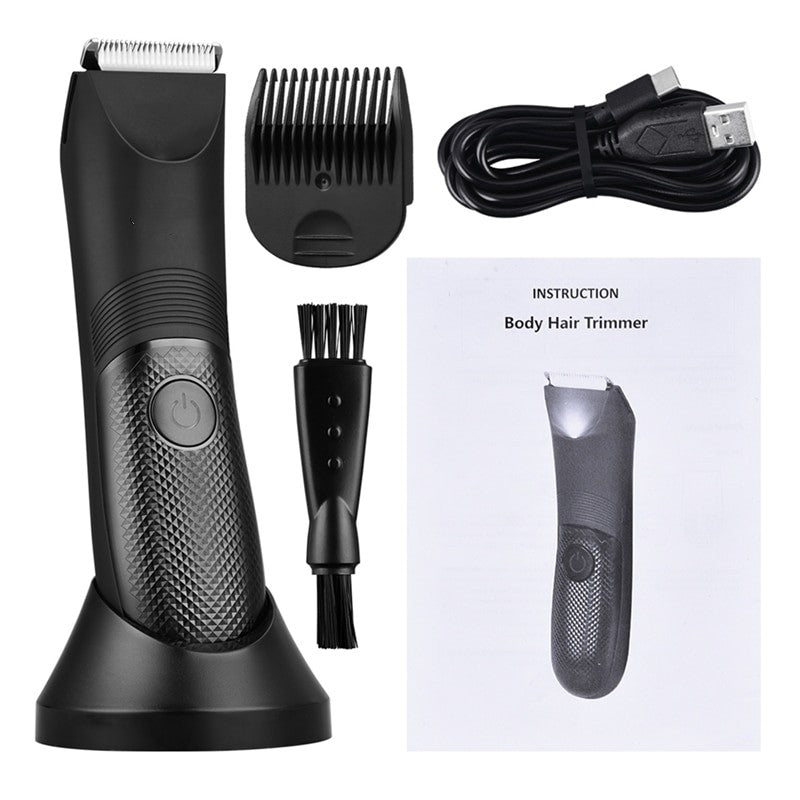 Electric hair clipper with R-shape blade, limit combs, and USB charging cable, designed for versatile grooming.