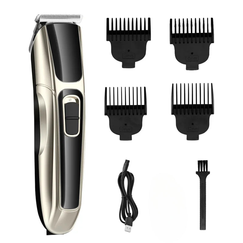 A sleek hair clipper with a carbon steel cutter head, USB charging port, and multiple guide combs for versatile hair styling.