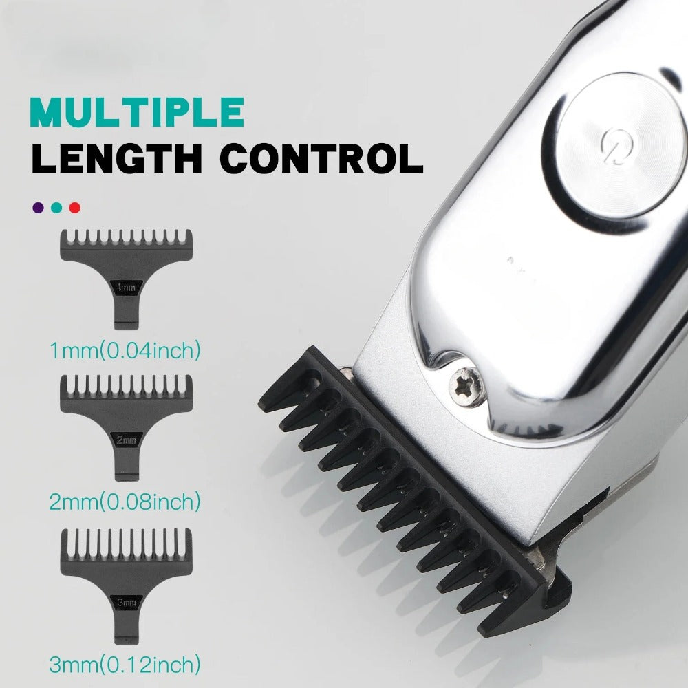 Rechargeable cordless hair clipper with stainless steel blades and ergonomic design, ideal for professional and home use.