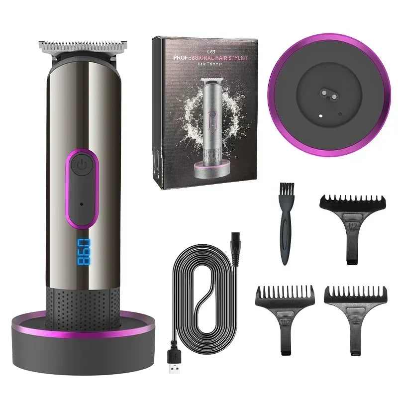 Electric hair clipper with charging base, USB cable, cleaning brush, and limit combs for versatile grooming.