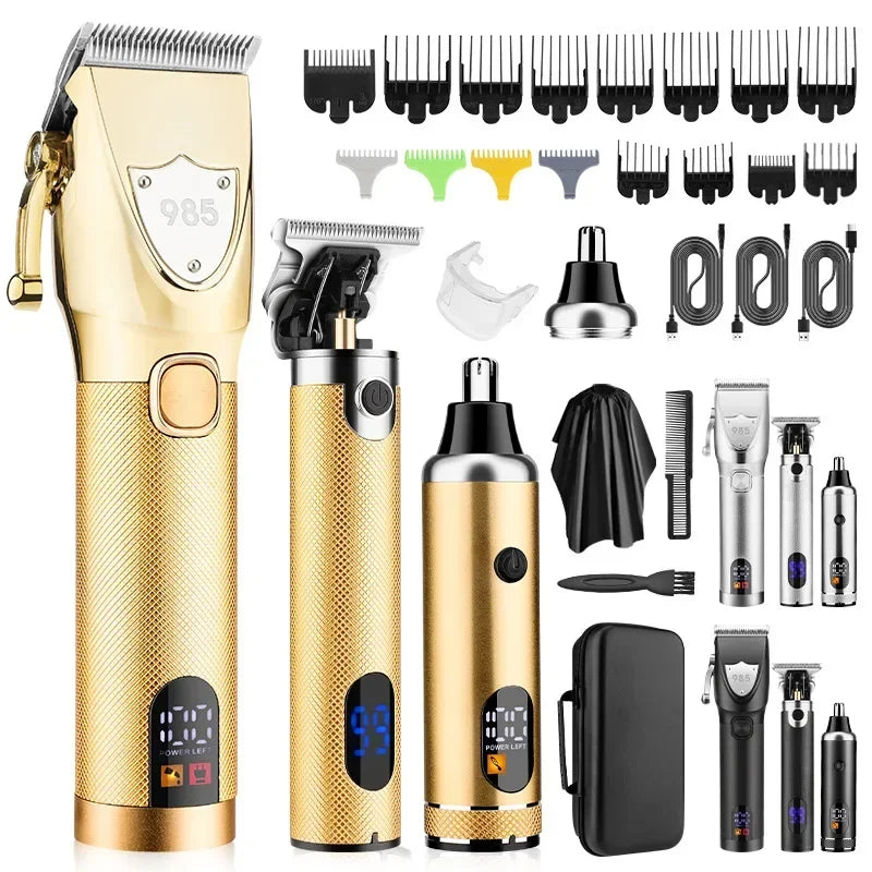 Hair Clippers and Nose Hair Trimmer Set with accessories in a stylish EVA bag, showcasing grooming tools for men.