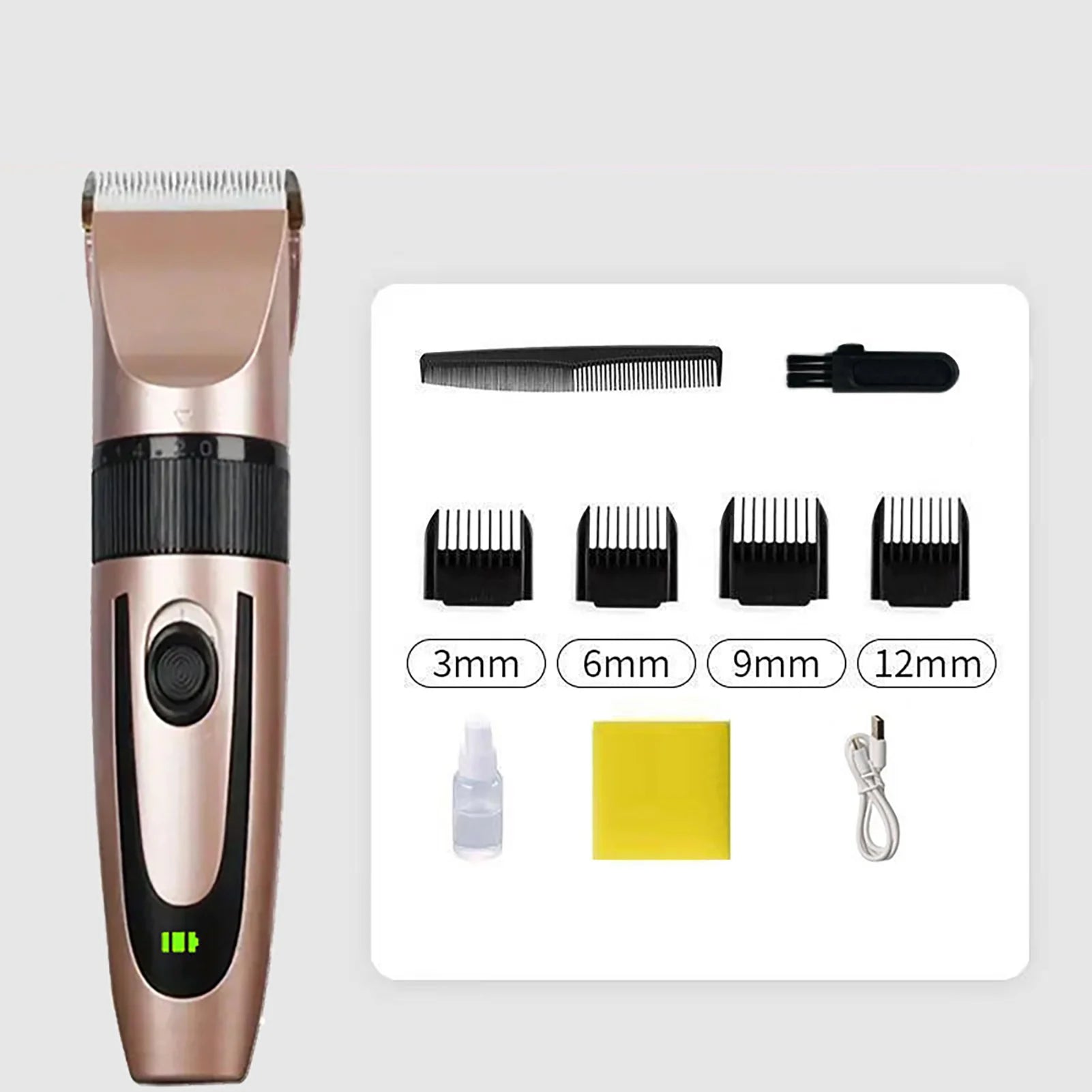 Portable cordless hair clippers for men with adjustable 3-9mm guard combs, ideal for professional haircuts at home.