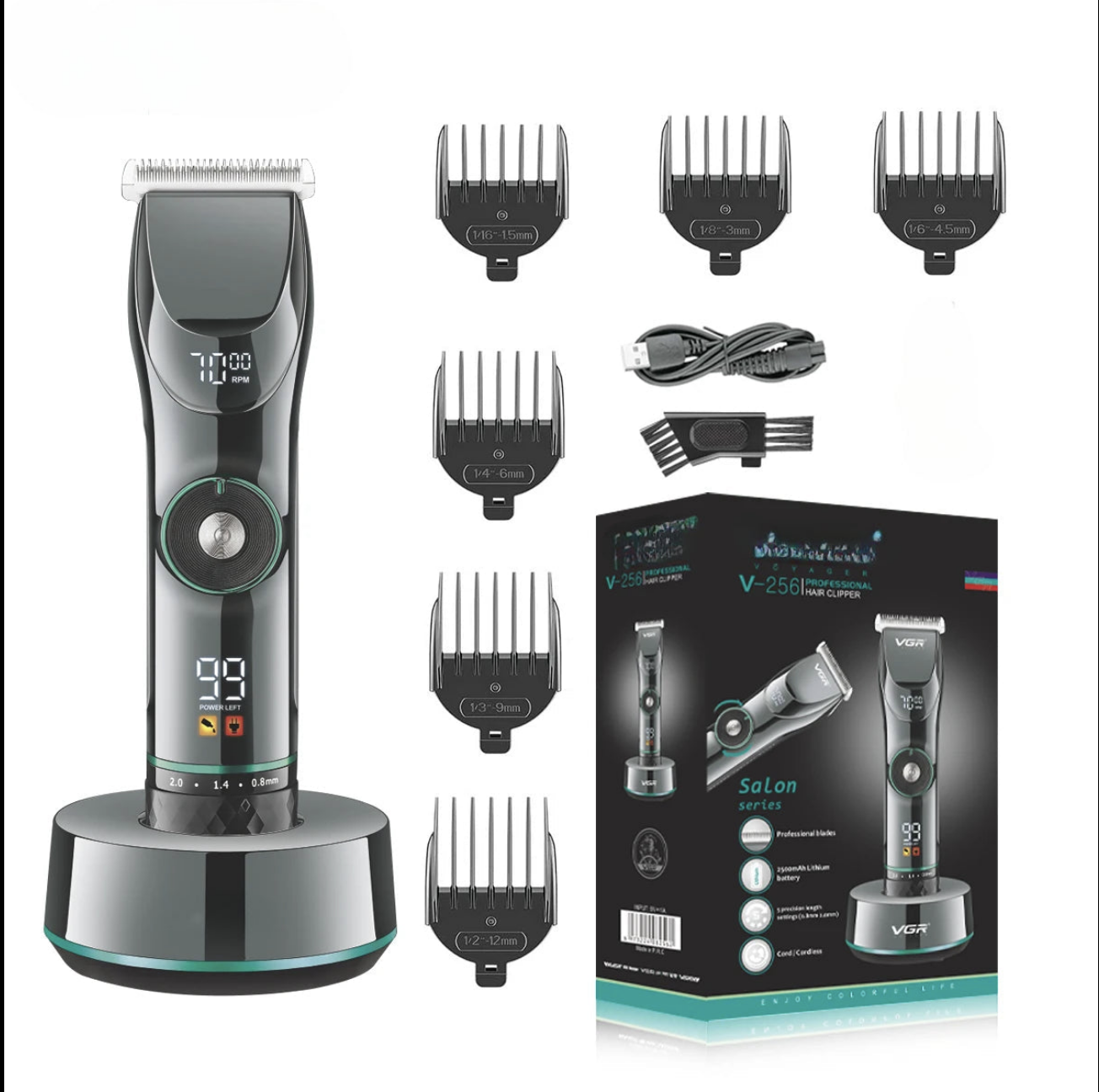 Adjustable hair cutting machine with stainless steel blades and LED display, showcasing its cordless design and included accessories.