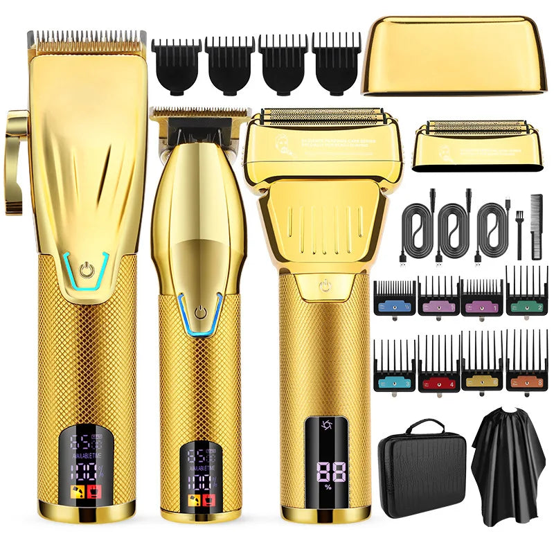 A professional 3 in 1 hair cutting machine featuring a hair clipper and electric shaver, complete with various accessories for grooming.