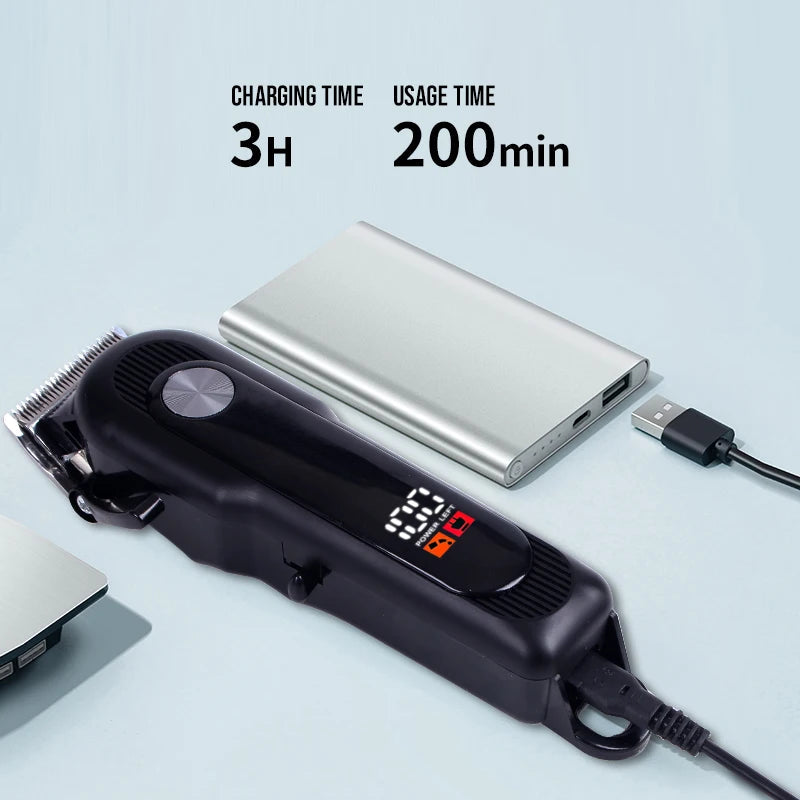 Professional hair cutting machine with stainless steel blade and limit combs, designed for easy and safe hair cutting.