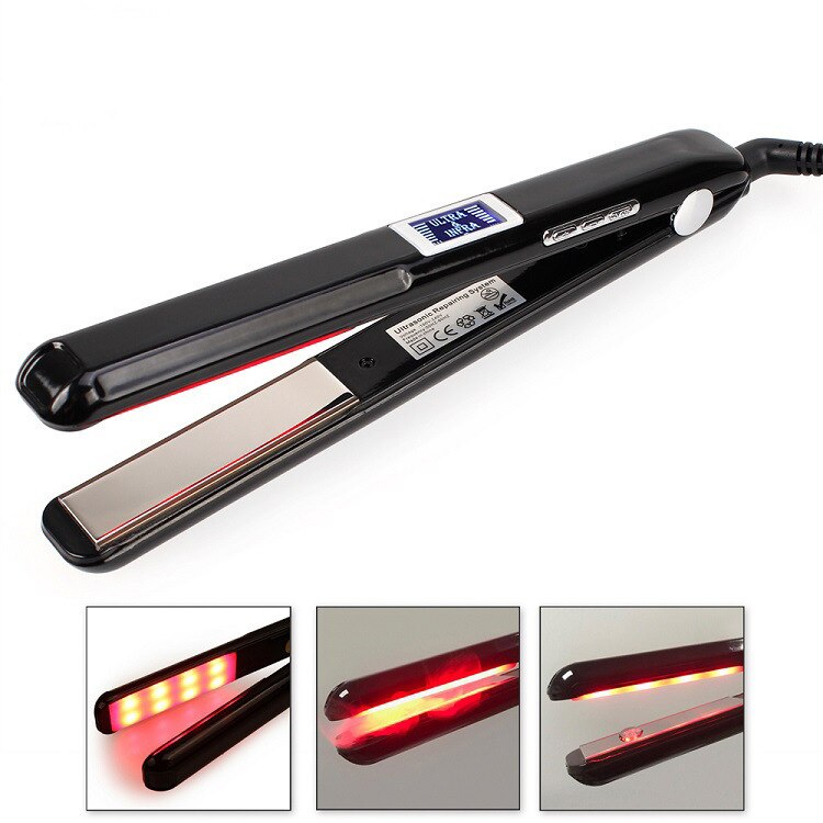 Infrared and Ultrasonic Hair Straightener with aluminum plates, showcasing its sleek design and advanced technology for cold hair care.