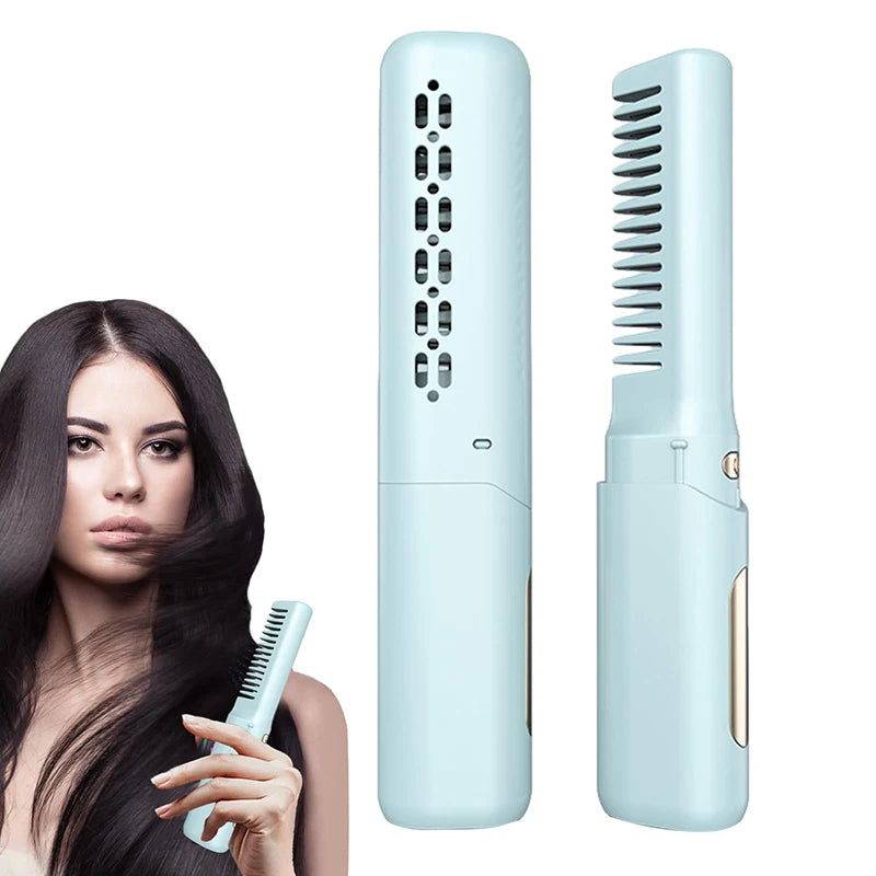 Rechargeable hair straightening brush with ergonomic design, featuring 3D brush teeth and anti-scald technology for safe and effective styling.