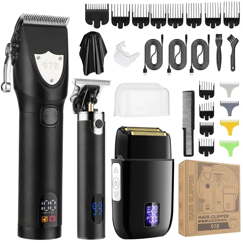 Metal body hair trimmer for men with LCD digital display and various comb attachments, showcasing its sleek design and functionality.