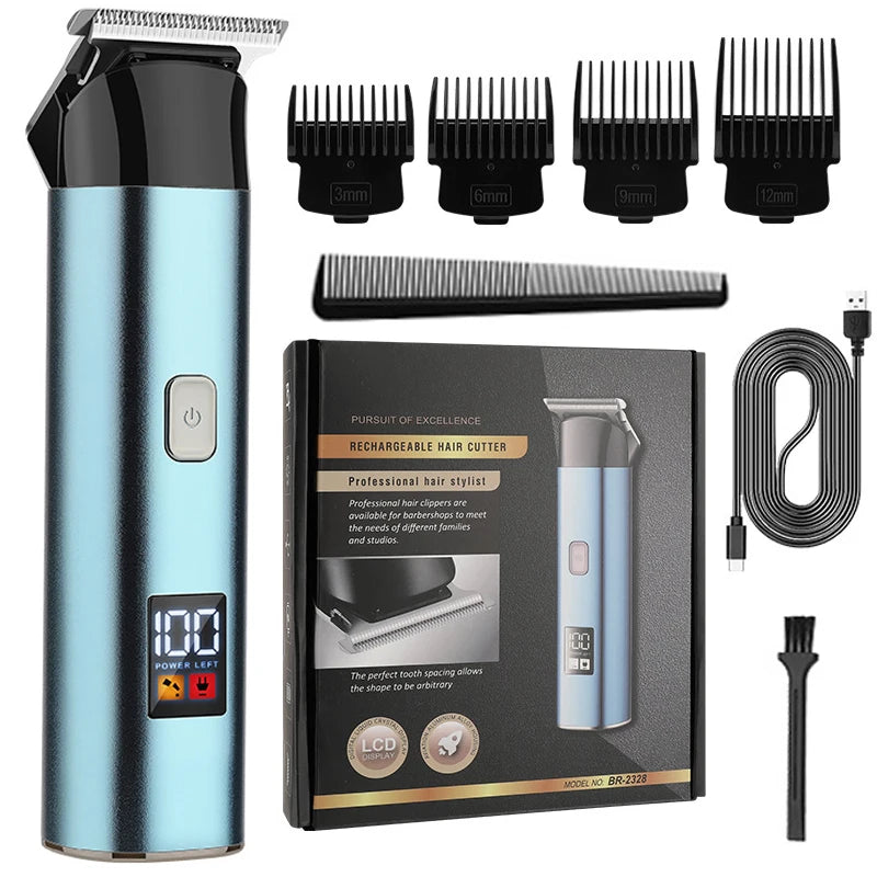 Rechargeable hair trimmer for men with stainless steel blades, designed for home grooming and beard trimming.