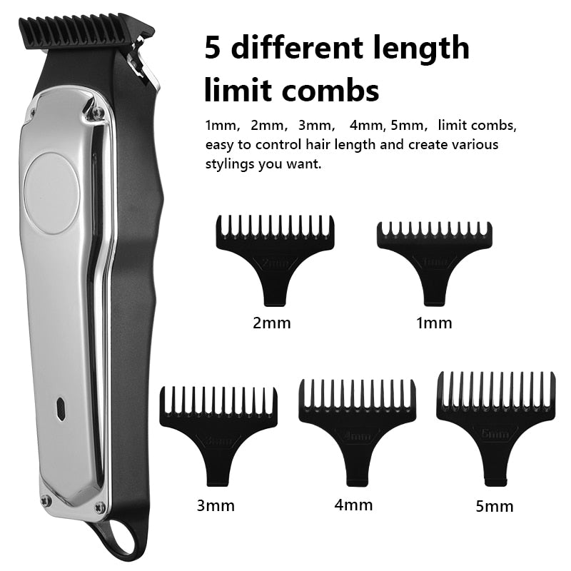 A sleek black hair trimmer with multiple attachments including clippers and a nose hair trimmer, designed for professional grooming.