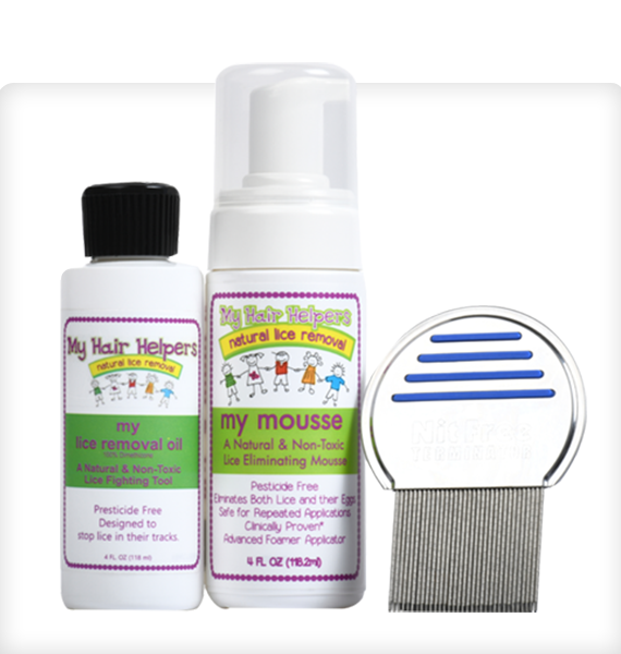 Head Lice Removal Treatment Kit for Kids including Nit-Free Comb, Mint Mousse, and Lice Removal Oil, designed for effective lice elimination.