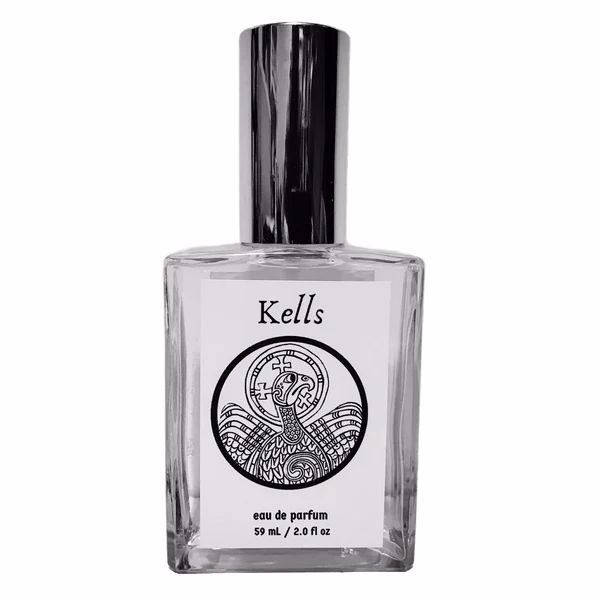 Kells Eau de Parfum bottle by Murphy and McNeil, showcasing elegant design and label inspired by Irish art.