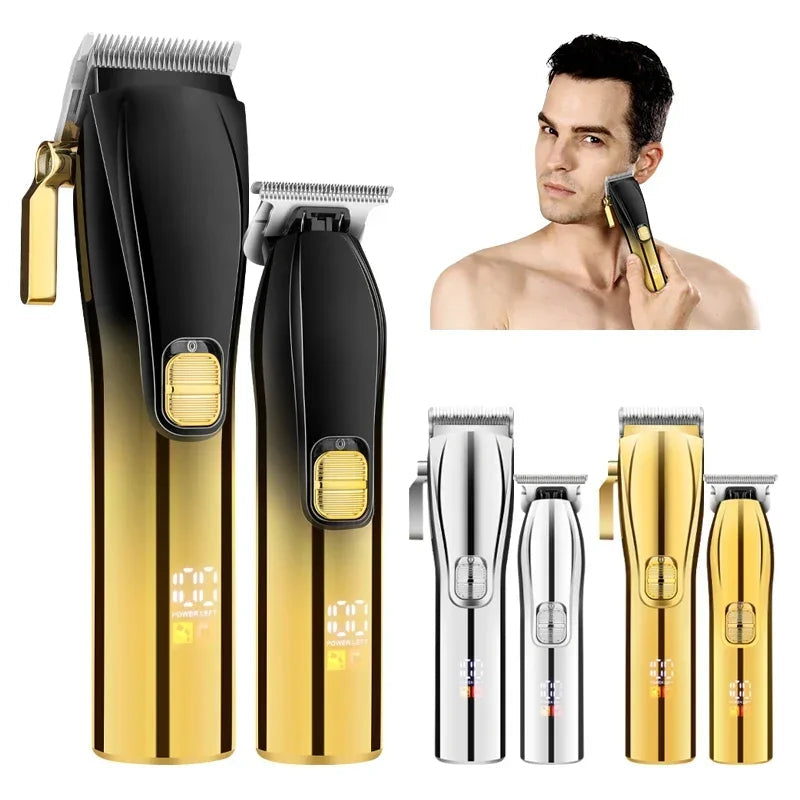 LCD Digital Display Hair Clipper Set for men, featuring a large and small clipper, limit combs, and USB charging cables.