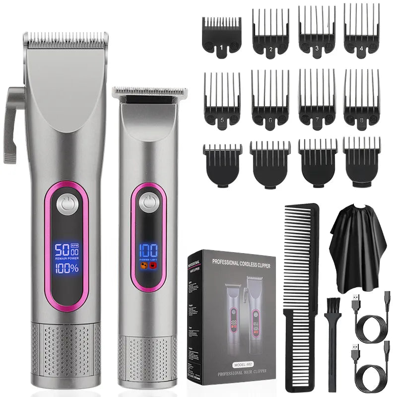 LCD Digital Display Hair Clipper Set with two clippers, limit combs, and accessories, showcasing its professional design and features.